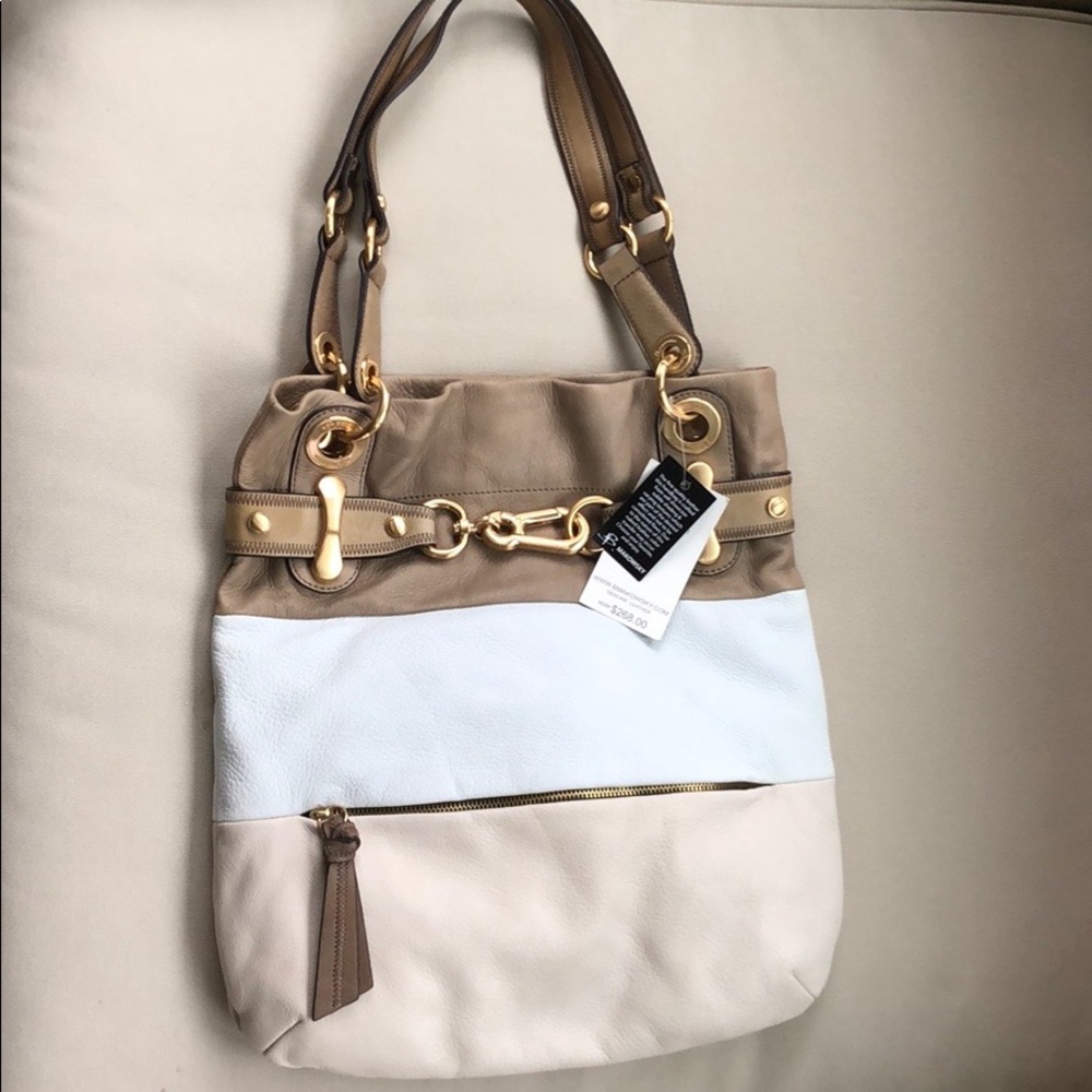 New B Makowsky  color block tote, brass hardware.